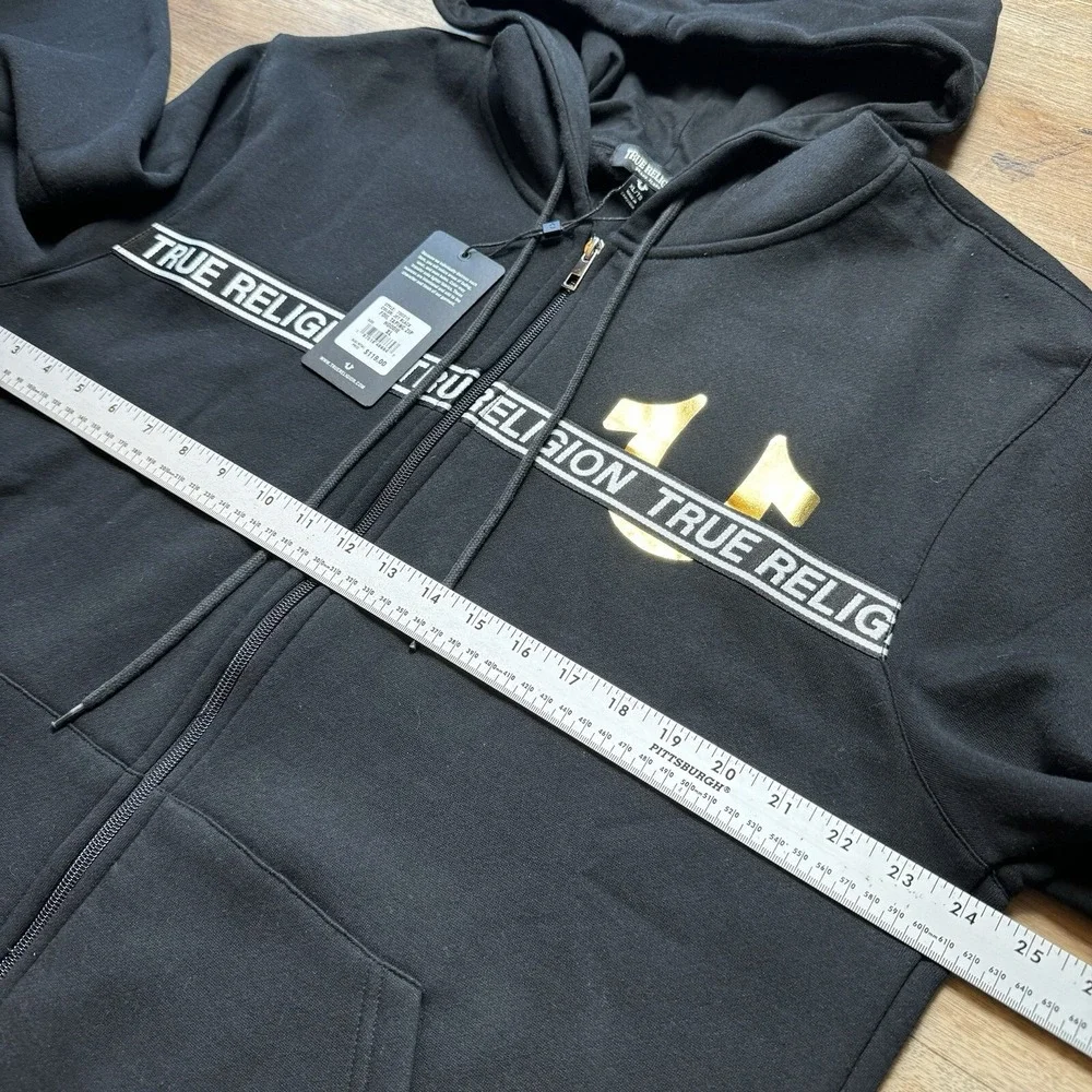 True Religion Full Zip Hoodie Mens XL Jet Black Foil Taping Gold Logo 700315 New